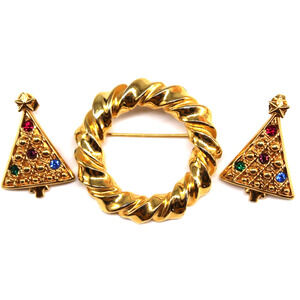 Vintage Christmas AK Wreath & Tree Earrings Gold Tone Rhinestone Lot